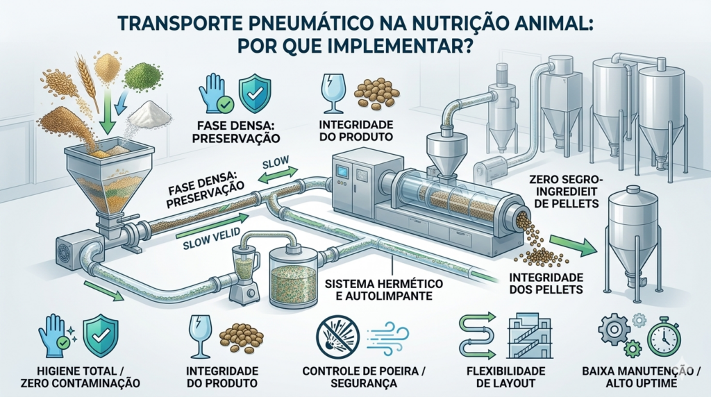 Infográfico técnico detalhando o funcionamento de um sistema de transporte pneumático em fase densa para a indústria de nutrição animal, mostrando o fluxo de grãos desde a moega até os silos de armazenamento.