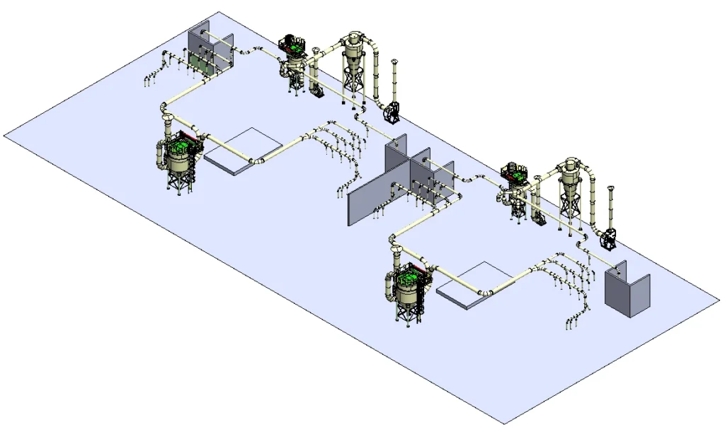 Projeto 3D do sistema de despoeiramento da Brasil Minérios com ciclofiltros, tubulação, exaustores e pontos de captação